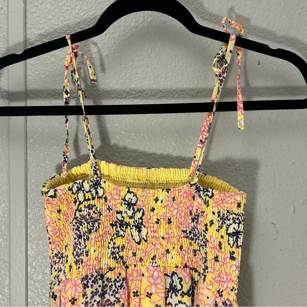 Lilly Pulitzer Girls Yellow Floral Tie Straps Smocked Bodice Dress Size Small